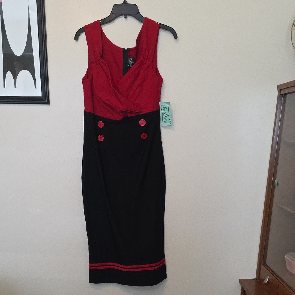 RockSteady Red and Black Sheath Dress with Cowl Neck
